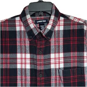 Lands End Flannel Shirt Men's Sz L (16-16.5) Traditional Fit Black Red Plaid
